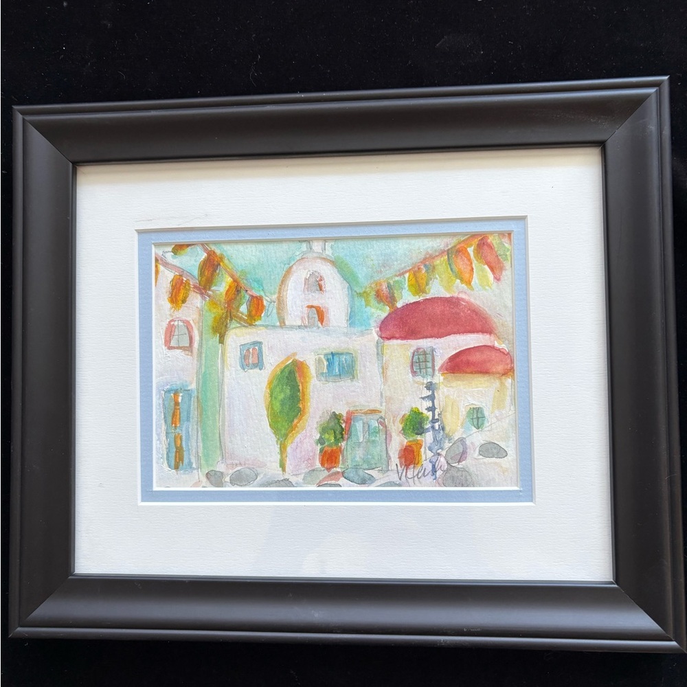 Mykonos Church ”An Original Watercolor Painting Framed &Matted 5"x7" Inside